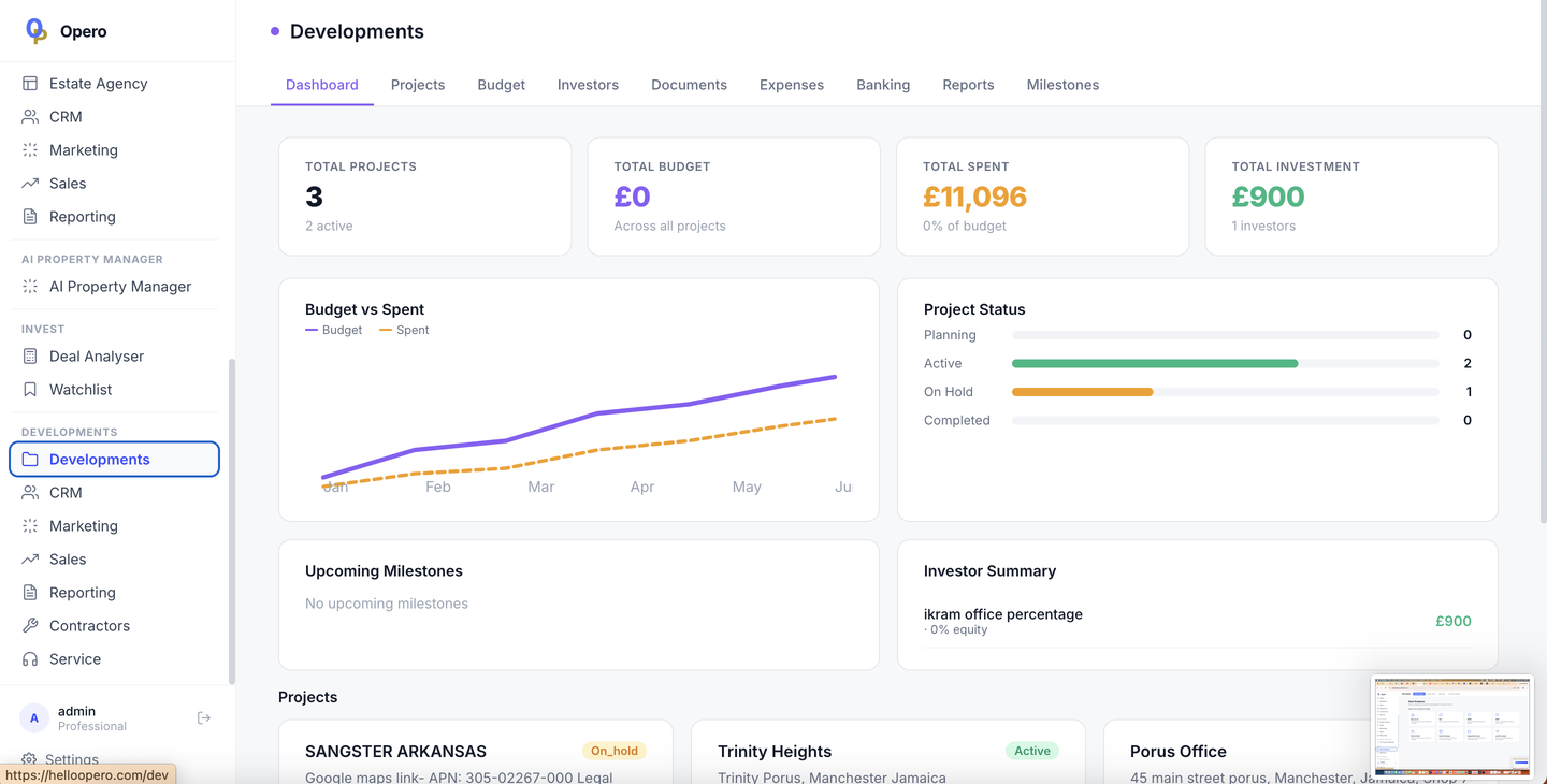 Opero Developments dashboard