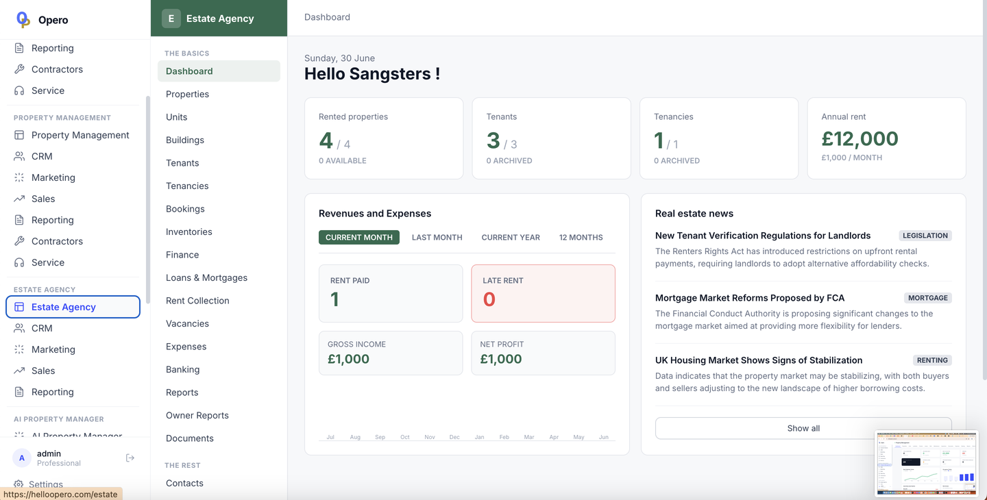 Opero Estate Agency dashboard